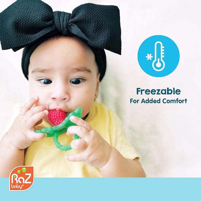 RaZbaby RaZberry Silicone Teether Pacifier – Teething Relief for Infants, Food-Grade, BPA-Free, Hands-Free, Natural Berrybumps Fruit Texture for Sensory Development, Freezable, 2-Pack - Tan & Grey