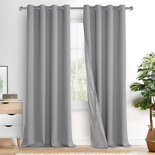 XWZO 100% Blackout Curtains 95 Inches Long with Tiebacks- Privacy Protection & Noise Blocking Window Draperies Grommet Top with Black Liner for Bedroom/Living Room, Light Grey, W52 x L95, Set of 2