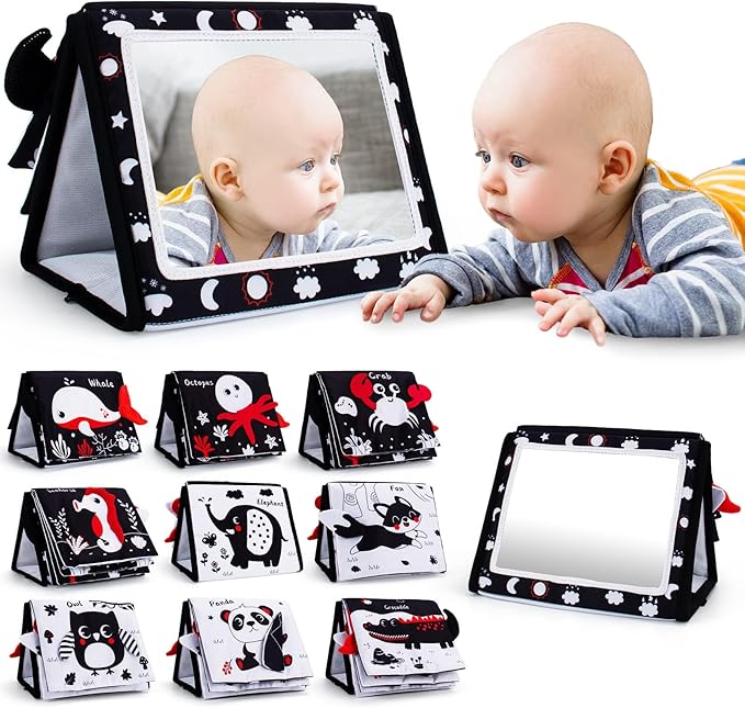 Oarifun Tummy Time Mirror, Baby Tummy Time Toys with Soft Book, Black and White High Contrast Baby Toys, 3D Activity Sensory Montessori Toys Crawling Mat