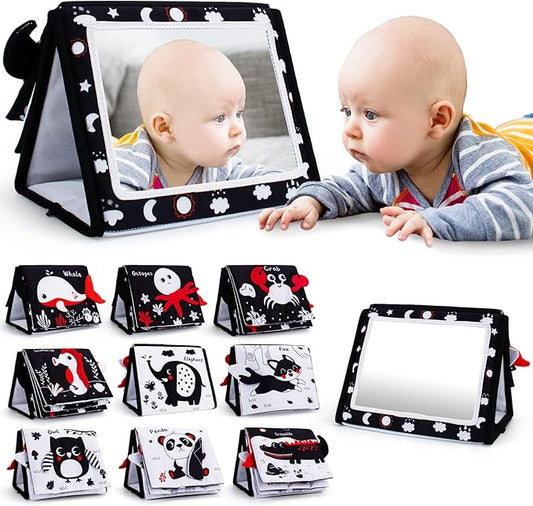 Oarifun Tummy Time Mirror, Baby Tummy Time Toys with Soft Book, Black and White High Contrast Baby Toys, 3D Activity Sensory Montessori Toys Crawling Mat