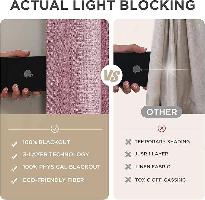 Joydeco Linen Blackout Curtains for Bedroom - 100% Light Blocking 1 Panels, Pink Drapes 100" W x 90" L, Thermal Insulated Room Darkening Curtains for Living Room, Rod Pocket & Back Tabs