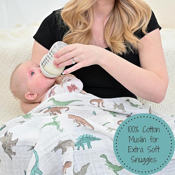 LollyBanks Baby Blanket, 100% Cotton Muslin Swaddle Blankets for Boys, Large 47 x 47 Inches Newborn Blanket, Soft and Breathable Receiving Blankets, Baby Essentials, Registry (Dinosaur Print)