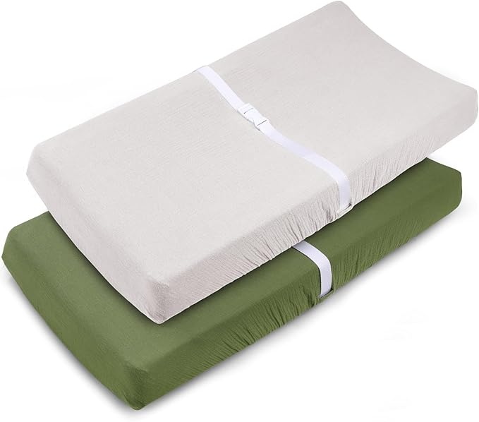 PET REJOIR Muslin Changing Pad Cover for Baby Girls Boys-2 Pack 17"x 33" Cotton Soft Diaper Changing Pad Cover-Breathable Changing Pad Sheets-Neutral Boho Olive Green & Beige
