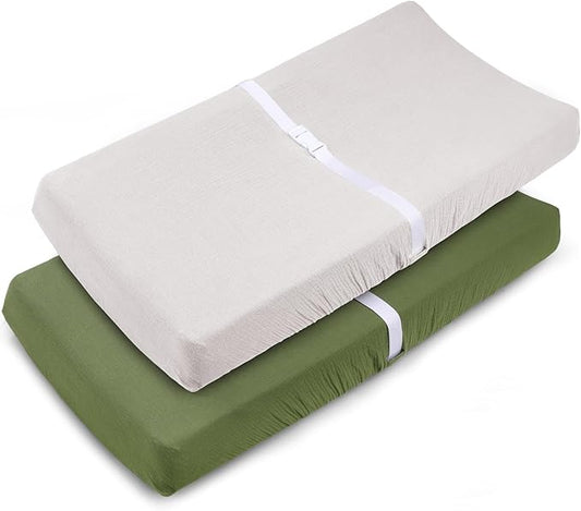 PET REJOIR Muslin Changing Pad Cover for Baby Girls Boys-2 Pack 17"x 33" Cotton Soft Diaper Changing Pad Cover-Breathable Changing Pad Sheets-Neutral Boho Olive Green & Beige