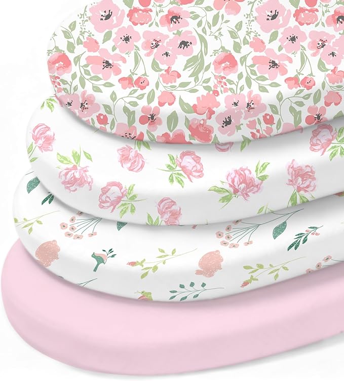 Little Grape Land Bassinet Sheets 4 Pack, 33" x 18" Fitted Bassinet Sheets Up to 4" Deep Pocket, Ultra Soft Baby Bassinet Fitted Sheets for Bassinet Mattress, Rose Garden