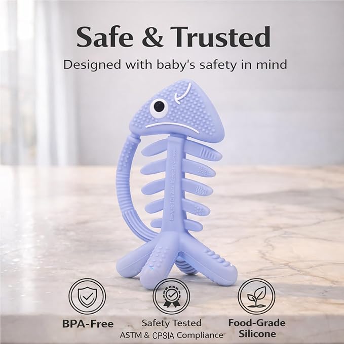 3 in 1 Infant Toys, Baby Teething Toys 3–6 6–12 Months, Teethers for Babies 0–3–6–12 Months for Teething Relief, Baby Gift, Baby Teether Toys,Silicone Sensory Toys,USA Patent Pending,Fish (Baby Blue)