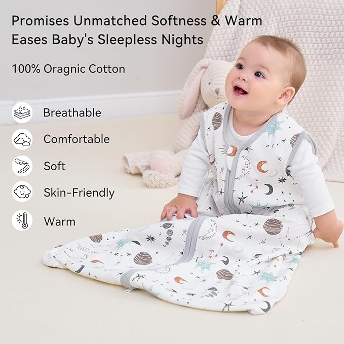 Unnivoll Baby Sleep Sack 18-24 Months 3 Pack 100% Cotton Lightweight 0.5 TOG Wearable Blanket Baby Sleep Bag with 2-Way Zipper for Newborn Infant White Gray Blue Space