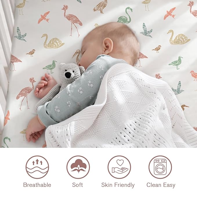 Little Grape Land Crib Sheets for Boys and Girls, 2pk Baby Crib Fitted Sheet for Standard Size Crib and Toddler Mattress, Super Soft Baby Sheet, Wetland Birds