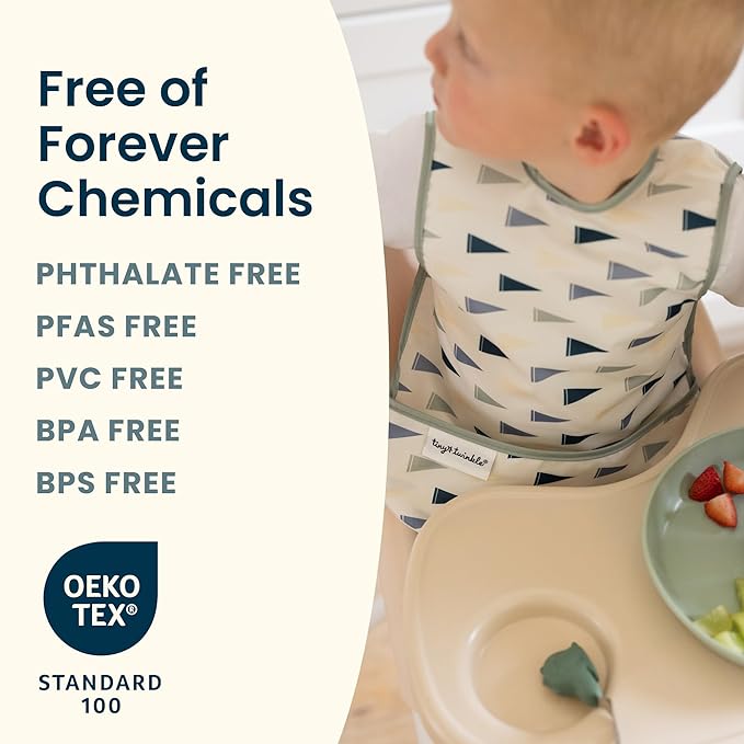 Tiny Twinkle Mess Proof Baby Bibs | 2 Pack Waterproof Toddler Bib for Eating | Baby Apron for Feeding, Machine Washable, Perfect Shower Gift (Sage Charcoal, 6–24M)
