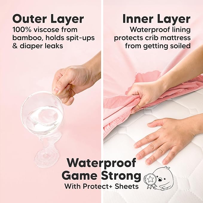 2-Pack Waterproof Pack and Play Sheets, Mini Crib Sheets Fitted for Boy, Girl - 38 x 26 Viscose from Bamboo Pack N Play Mattress Sheets for Graco, Toddler Playard Baby Crib Sheets Neutral (Mist Rose)