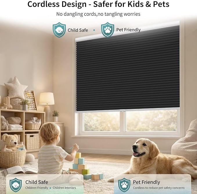 MYshade Cordless Blackout Cellular Shades for Windows, Honeycomb Window Shades with Thermal Insulation, Child & Pet Safe Room Darkening Shade, Easy Install,34.5" W x 72" H, Black