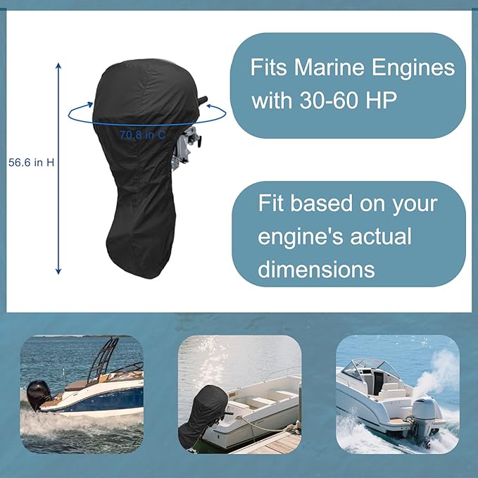 Waterproof Outboard Boat Motor Cover for 30-60HP，70.8 inch C * 56.6 inch H, Heavy Duty, Fade-Resistant, Universal Fit Engine Protection