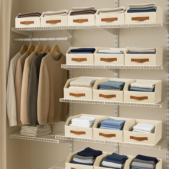 Fabric Storage Bins for Organizing - 6 Pack Large Trapezoid Collapsible Storage Bins with Front Handle, Closet Organizers and Storage for Bedroom, Home Shelves, Small Spaces, Beige
