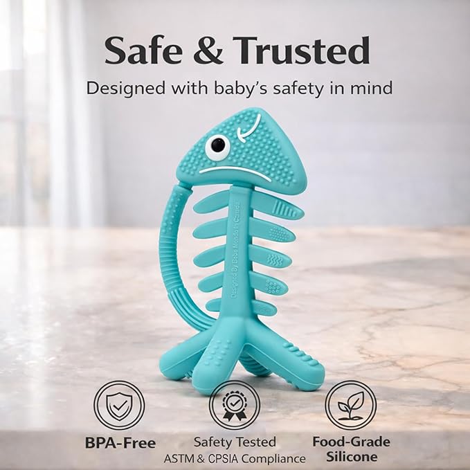 3 in 1 Infant Toys, Baby Teething Toys 3–6 6–12 Months, Teethers for Babies 0–3–6–12 Months for Teething Relief, Baby Gift, Baby Teether Toys, Silicone Sensory Toys, USA Patent Pending, Fish Turquise