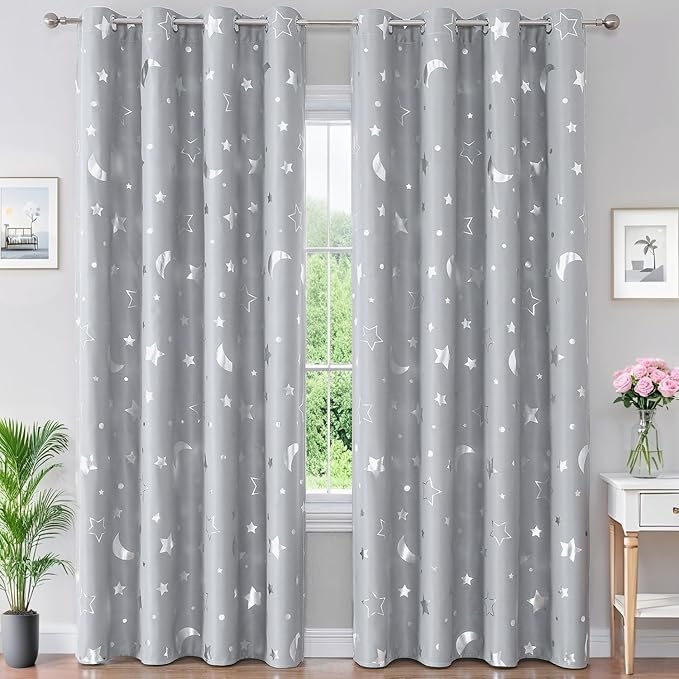 WUBODTI Boys Curtains Grey 100% Blackout Star Curtains for Living Room, Silver Patterned Thermal Insulated Room Darkening Window Drapes for Kids Room Nursery Boys Bedroom(W52 x L84, 2 Panels)