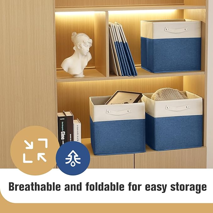 13 x 13 Inch Fine Linen Storage Bins with Handles，Fabric Cube Boxs，Basket Organizers for Shelves for Home, Closet Drawers (White/Blue-4 Pack)