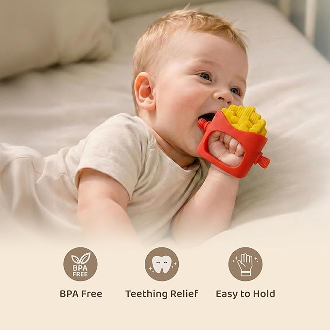 NomNom Fries Baby Teether Toy - Safe and Certified, Parent-Designed, BPA-Free, Food-Grade Silicone, Anti Dropping Teething Mitten, Multiple Texture
