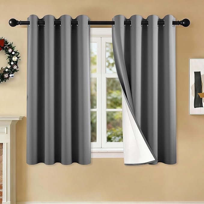 100% Blackout Curtains 54 Inch Length for Bedroom Living Room, Grommet Thermal Insulated Room Darkening Drapes, Light Blocking Window Treatment Decor, 2 Panels, 54x54, Charcoal Grey
