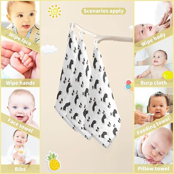 vvfelixl Baby Cotton Washcloths Border Collie Black Infants Bath Towel for Unisex Face Towels for Newborn, Natural Baby Wipes Delicate Skin, 11.8 X 11.8 inch, one sizex5