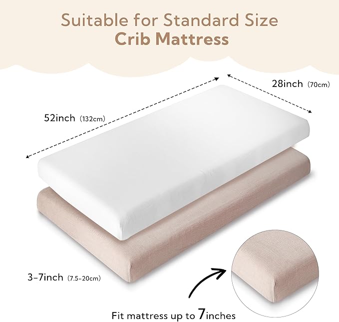 SOULFUL Muslin Crib Sheets for Boys Girls, 2 Pack Soft and Breathable Cotton Fitted Crib Sheets for Standard Crib Mattress (28"x 52", White & Mist Pink)