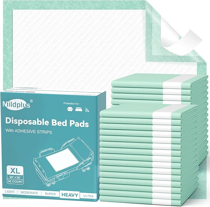 MILDPLUS Bed Pads with Adhesive Strips 30''X36'', 30 Count | Extra Large XL Underpads | Secure & Waterproof Chucks for Incontinence Care | for Adults, Seniors, Kids & Pets