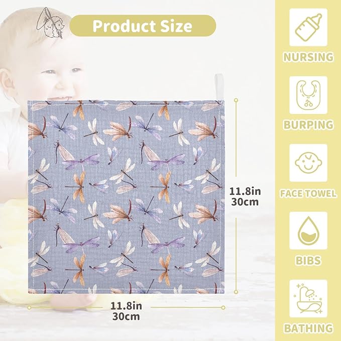 Baby Washcloths Cotton Dragonfly Baby Muslin Washcloths Soft Baby Face Towel for Newborn Infants Baby Wipes, 11.8 X 11.8 Inch, 5 Pack Lilac