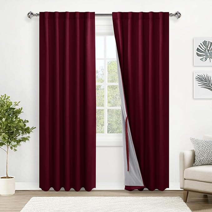 XWZO 100% Blackout Curtains with Tiebacks- 2 Thick Layers Completely Shaded Window Treatment, Rod Pocket & Back Tab Thermal Insulated Lined Drapes for Bedroom/Patio Door, Burgundy, W42 x L84, Set of 2
