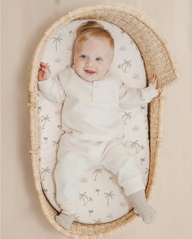 Konssy Muslin Bassinet Sheets for Baby Girl Boy, 2 Pack Soft Breathable Baby Bassinet Mattress Sheets Fit for Hourglass Oval Cradle, Moses Basket Rectangle Mattress (Tree,Fog Green)