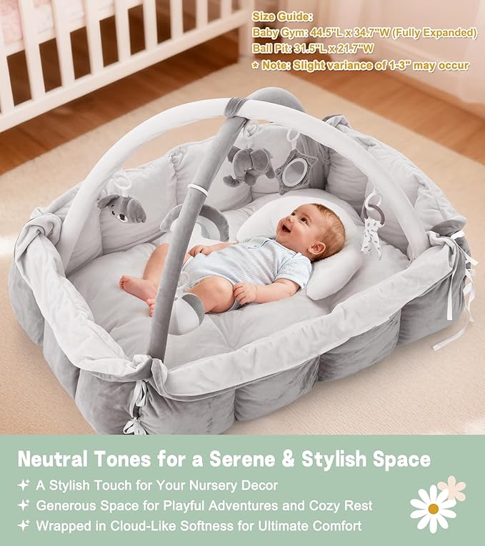 5-in-1 Baby Play Gym and Tummy Time Mat, Tummy Time Pillow & 12 Learning Cards, Plush Activity Mat with 6 Toys, Baby Gym, Convertible to Ball Pit, Baby Gift, Grey