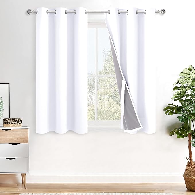XWZO White 100% Blackout Curtains with Tiebacks- 2 Thick Layers Completely Shaded Window Treatment Thermal Insulated Drapes with Grommets for Bedroom/Laundry, White, W42 x L45, Set of 2 Panels