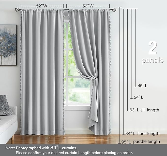 Treatmentex Pom Pom Grey Curtains for Bedroom Windows 90 inch Energy Efficient Thermal Insulated Living Room Darkening Curtain Panels Drapes Nursery Room Children 52" w x2 Panels Rod Pocket