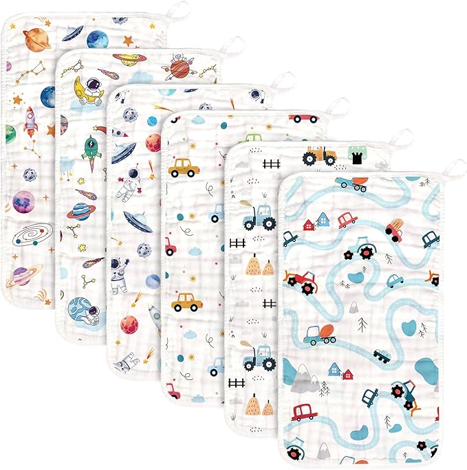 decalsweet Baby Burp Cloths Muslin Washcloths 6 Pack Muslin Burp Cloths 100% Cotton Large 20''x12'' Soft 6 Layers Baby Burp Rags for Boys Girls Baby Essentials for Newborn Gift Machine Washable