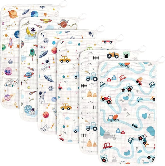 decalsweet Baby Burp Cloths Muslin Washcloths 6 Pack Muslin Burp Cloths 100% Cotton Large 20''x12'' Soft 6 Layers Baby Burp Rags for Boys Girls Baby Essentials for Newborn Gift Machine Washable