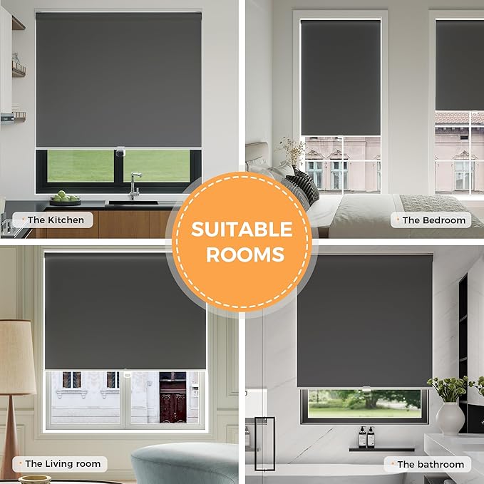 Cordless Roller Shades Blackout Blinds for Windows Room Darkening Rolled Up Shades with Spring System, UV Protection Window Shades Door Blinds for Home and Office (Grey, 35" W x 72" H)