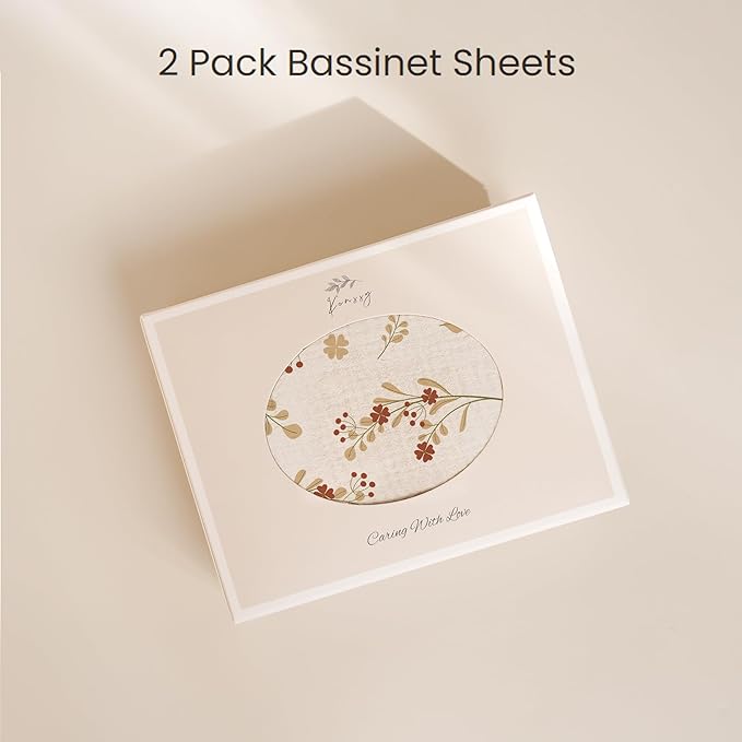 Konssy Muslin Bassinet Sheets for Baby Girl Boy, 2 Pack Soft Breathable Baby Bassinet Mattress Sheets Fit for Hourglass Oval Cradle, Moses Basket Rectangle Mattress (Chestnut, Posy)