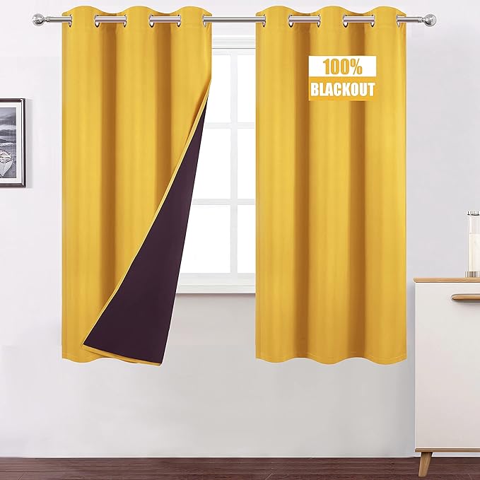 LEMOMO Yellow Thermal Blackout Curtains/40 x 72 Inch/Set of 2 Panels Room Darkening Curtains for Bedroom and Living Room