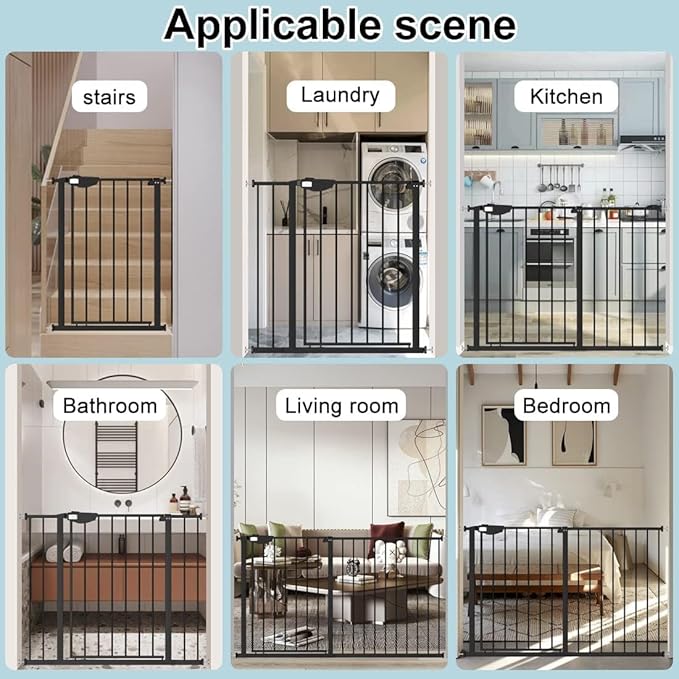 WAOWAO Triple Lock 49.21-66.54" Baby Gate Extra Wide Pressure Mounted Walk Through Swing Auto Close Safety Black Metal Dog Pet Puppy for Stairs,Doorways,Kitchen