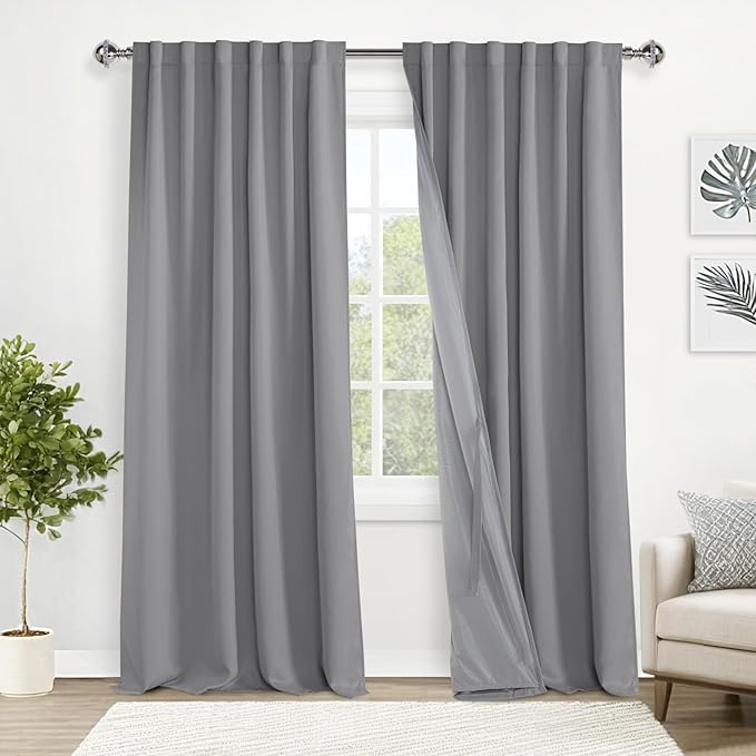 XWZO 100% Blackout Curtains 95 Inches Long with Tiebacks- Rod Pocket/Back Tab Privacy Protection Noise Blocking Window Draperies with Black Liner for Bedroom/Office, Light Grey, W52 x L95, Set of 2