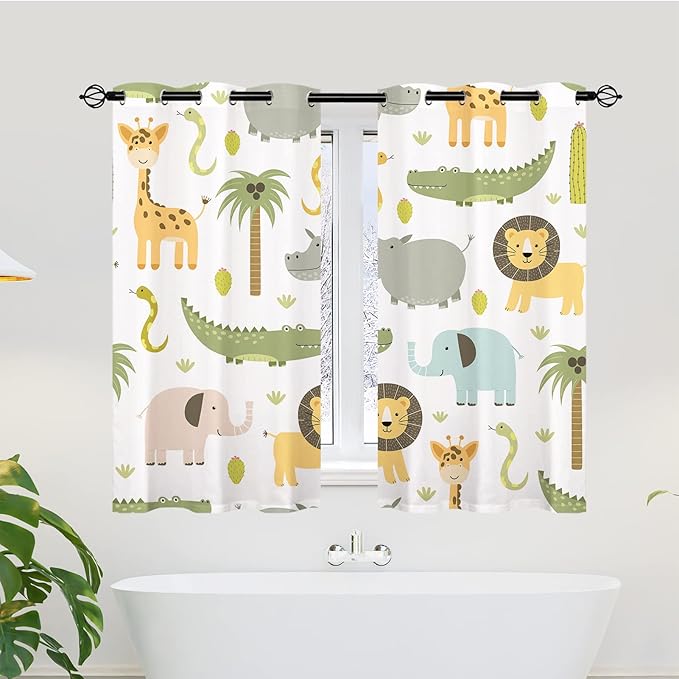 Animal Curtains W27.5 x L39 Inch Grommet Thermal Insulated Blackout Window Drapes Safari Hippo Crocodile Lion Elephant Giraffe Woodland Zoo Pattern for Kids Boys Girls Nursery Bedroom 2 Panels
