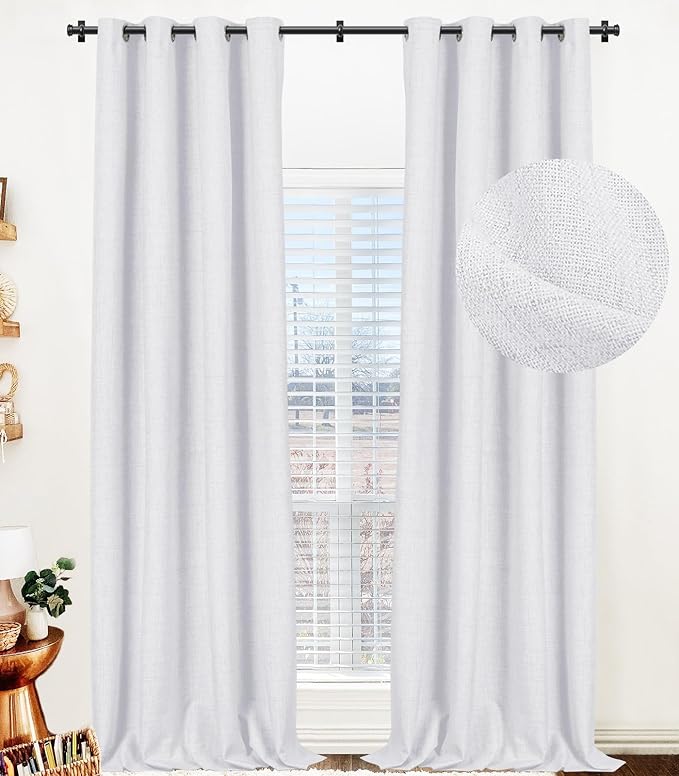 100% Blackout Shield Linen Blackout Curtains for Bedroom, Greyish White Grommet Curtains for Living Room, Thermal Insulated Room Darkening Drapes for Nursery, Boho Home Decor, 50" W x 84" L, 2 Panels