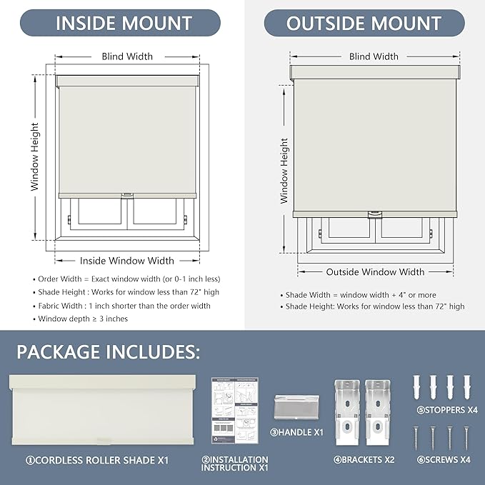 AOSKY Blackout Roller Shades Cordless Blinds for Windows, Free-Stop Shades with Valance, Thermal Insulated Fabric, UV Protection, Natural Woven Blinds for Home and Office (27" W x 72" H, Ivory)