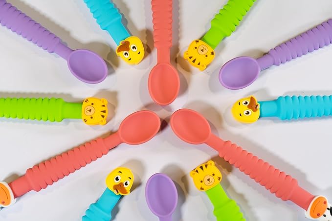 Little Grubbers 3-in-1 Silicone Baby Spoon Self Feeding 6+ Months - Pediatric OT Designed Teether Spoon, BPA Free Toddler Utensils, Mess-Free, Fun for Baby Led Weaning Supplies, Dog & Tiger
