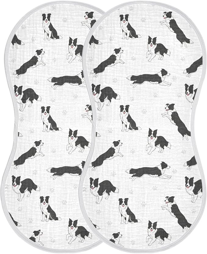 Qinllo 2 Pack Muslin Burp Cloths Collie Dog Paw White Cotton Baby Burp Cloths Ultra Absorbent and Soft Spit Up Rags for Newborn Boys Girls 22x11 Inch