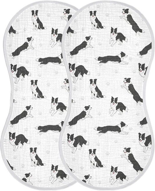 Qinllo 2 Pack Muslin Burp Cloths Collie Dog Paw White Cotton Baby Burp Cloths Ultra Absorbent and Soft Spit Up Rags for Newborn Boys Girls 22x11 Inch