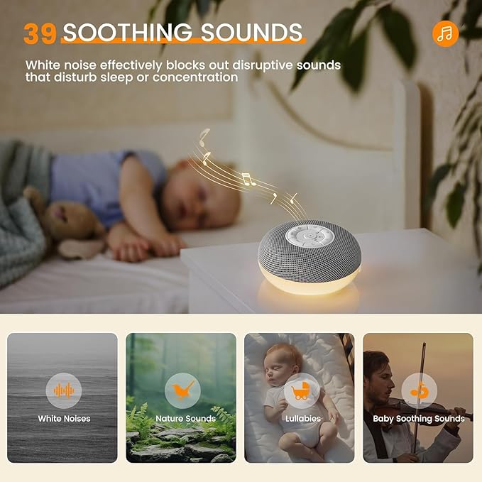 YEVIK Portable Sound Machine for Baby, Soothing Sleep Assistant with 39 Sounds & Night Light for Nursery, Travel, Kids & Adults (USB-C Rechargeable, Auto-Off Timer)