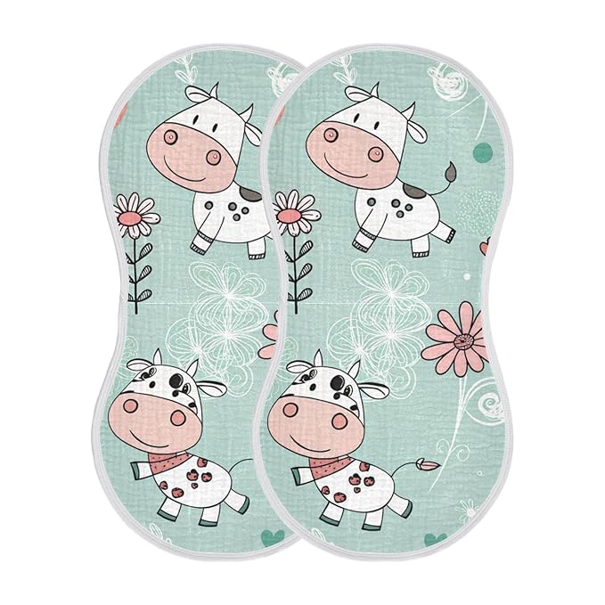 Kigai Cow Muslin Baby Burp Cloths, Large Absorbent Cotton Muslin Burp Cloths Set of 2, Washcloths, Face Towel, Bibs for Newborn Boys Girls, 11 x22 Inch