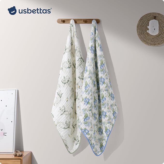 Muslin Hooded Baby Towels 2 Pack, Ultra Soft & Absorbent Baby Bath Towels, Bath & Beach Essentials, Shower Gifts for Newborns, Babies, Infant, Toddler - 32x32 Inch (Floral & Blueberry)