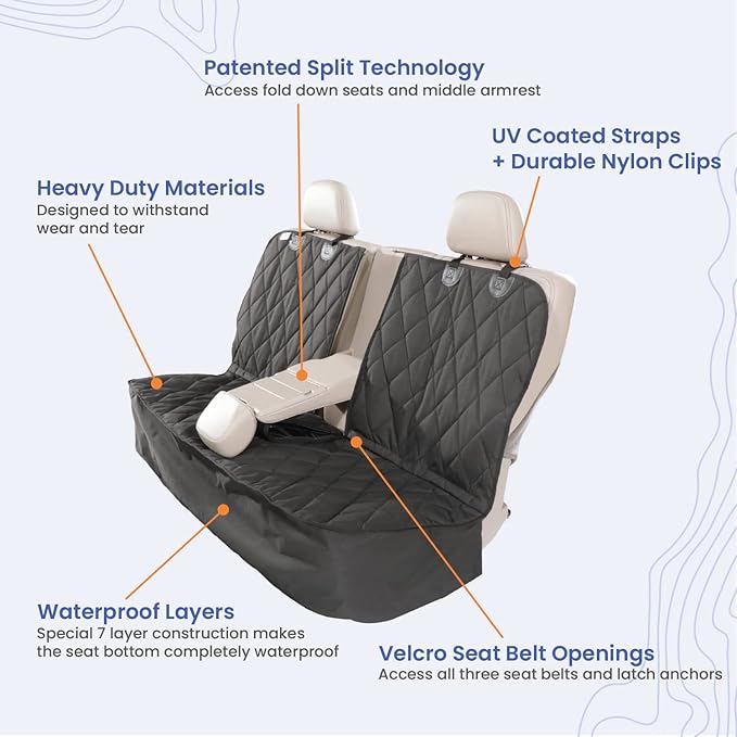 4Knines Dog Seat Cover for Back Seat, Heavy Duty Waterproof Rear Seat Protector for Large Trucks, SUVs, Cars -Fits 60/40 Split Bench with Middle Seat Belt, Non-Slip Backseat Cover (Extra Large, Black)