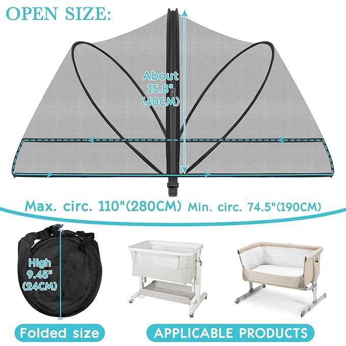 Bassinet Cover for Cats - Bassinet Net Cover for Baby Prevents Entry of Insects/Pets, Breathable Crib Net with Two-Way Zippers, Mosquito Net for Bedside Sleeper/Travel Crib (Black-Small)