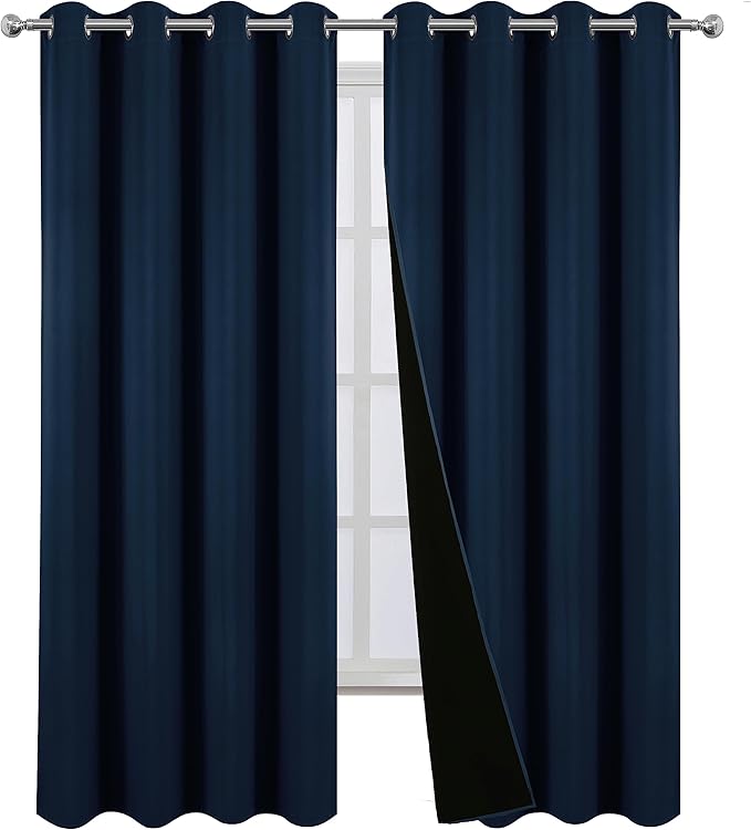 LEMOMO 100% Blackout Curtains 66 x 84 Inch Navy Blue Curtains 2 Panels Darkening Thermal Insulated Bedroom Curtains
